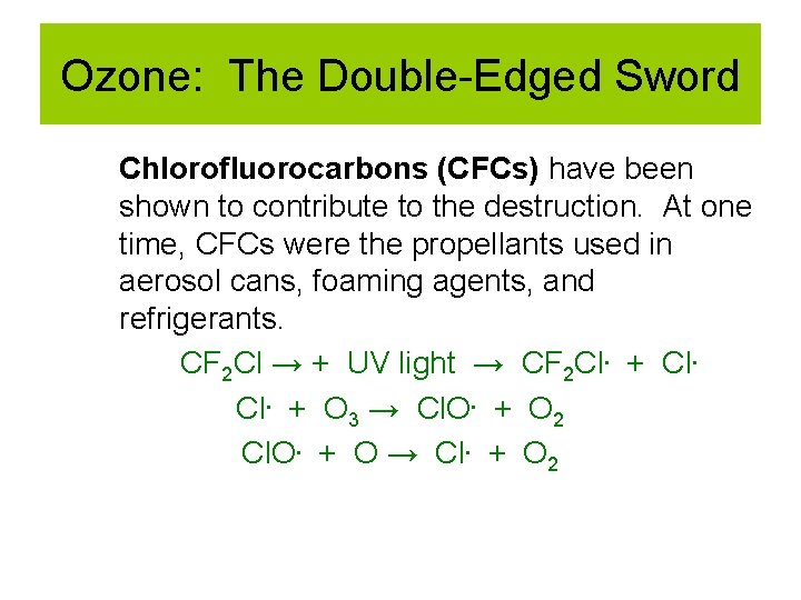 Ozone: The Double-Edged Sword Chlorofluorocarbons (CFCs) have been shown to contribute to the destruction. Ozone: The Double-Edged Sword Chlorofluorocarbons (CFCs) have been shown to contribute to the destruction.