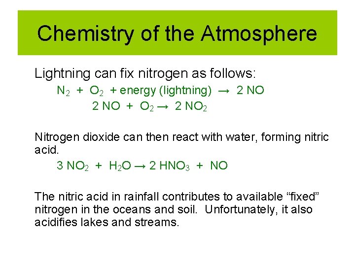Chemistry of the Atmosphere Lightning can fix nitrogen as follows: N 2 + O Chemistry of the Atmosphere Lightning can fix nitrogen as follows: N 2 + O