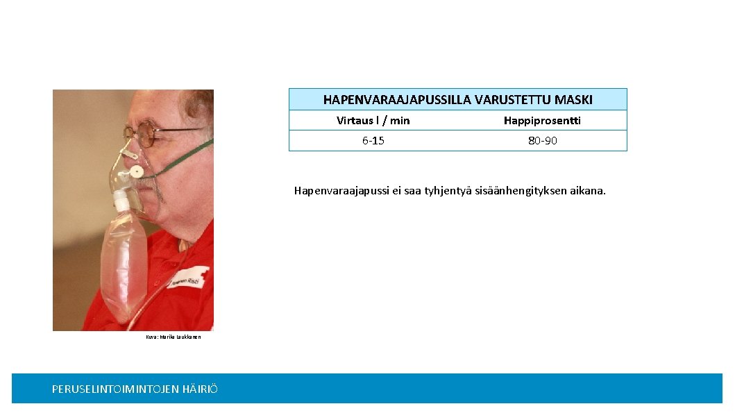 HAPENVARAAJAPUSSILLA VARUSTETTU MASKI Virtaus l / min Happiprosentti 6 -15 80 -90 Hapenvaraajapussi ei