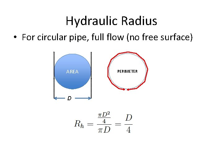 Hydraulic Radius • For circular pipe, full flow (no free surface) AREA D PERIMETER