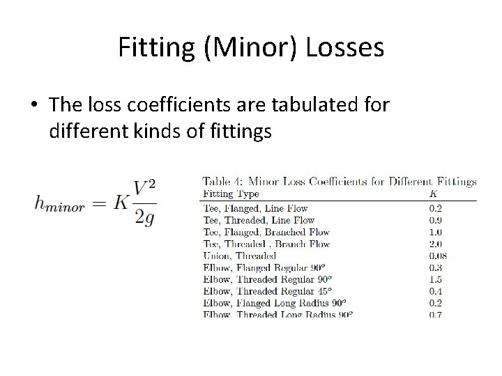Fitting (Minor) Losses • The loss coefficients are tabulated for different kinds of fittings