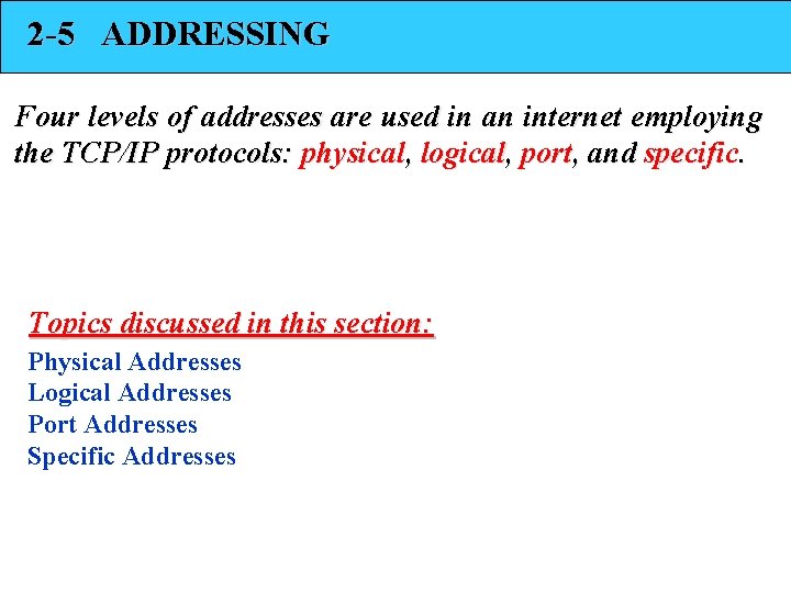 2 -5 ADDRESSING Four levels of addresses are used in an internet employing the