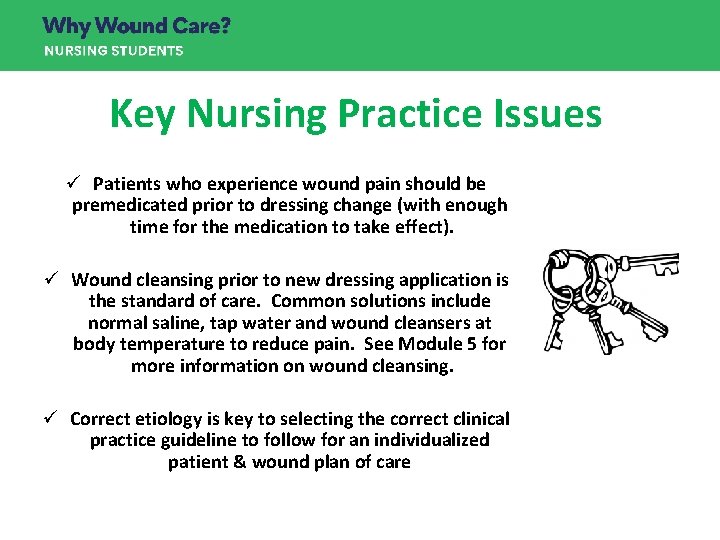 Key Nursing Practice Issues ü Patients who experience wound pain should be premedicated prior
