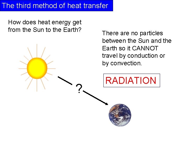 The third method of heat transfer How does heat energy get from the Sun