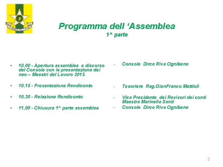 Programma dell ‘Assemblea 1^ parte • 10, 00 - Apertura assemblea e discorso del
