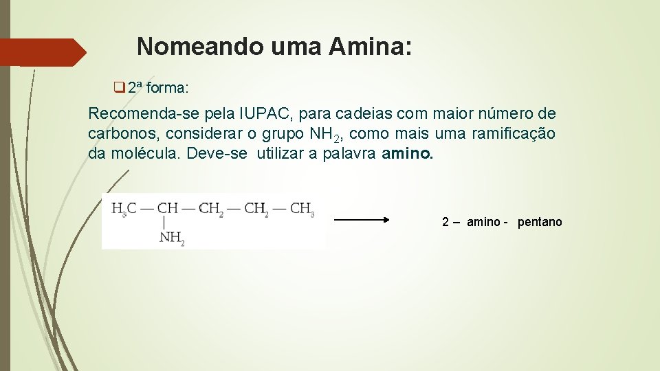 Nomeando uma Amina: q 2ª forma: Recomenda-se pela IUPAC, para cadeias com maior número Nomeando uma Amina: q 2ª forma: Recomenda-se pela IUPAC, para cadeias com maior número