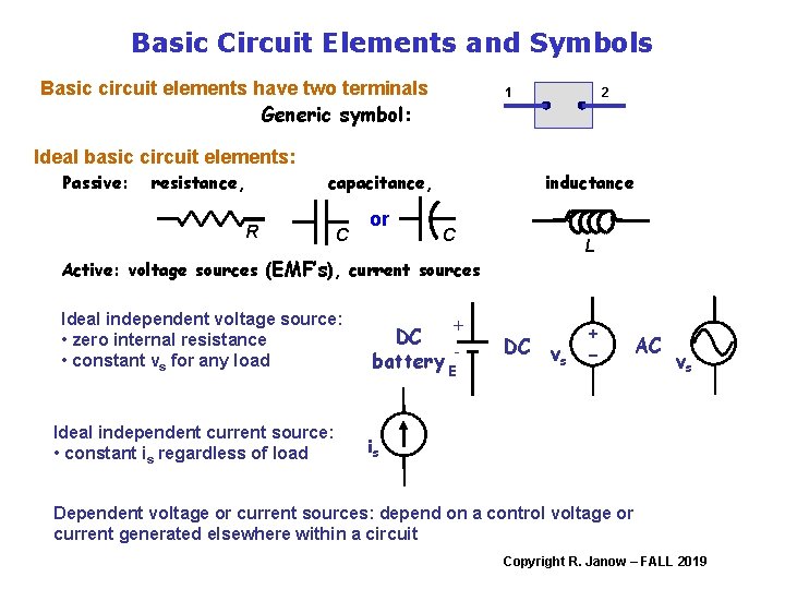 Basic Circuit Elements and Symbols Basic circuit elements have two terminals Generic symbol: 2