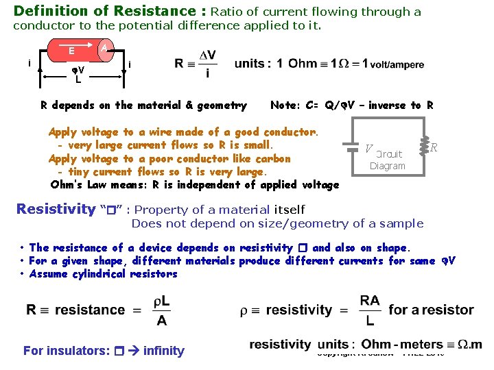 Definition of Resistance : Ratio of current flowing through a conductor to the potential
