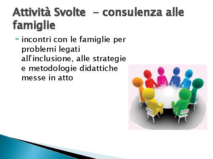 Attività Svolte - consulenza alle famiglie incontri con le famiglie per problemi legati all'inclusione,