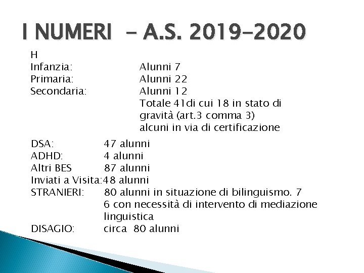 I NUMERI - A. S. 2019 -2020 H Infanzia: Primaria: Secondaria: Alunni 7 Alunni