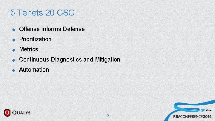 5 Tenets 20 CSC u Offense informs Defense u Prioritization u Metrics u Continuous 5 Tenets 20 CSC u Offense informs Defense u Prioritization u Metrics u Continuous