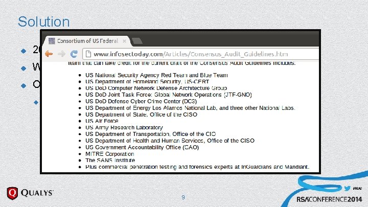 Solution u 20 Critical Security Controls u What works in Security? u Owned by Solution u 20 Critical Security Controls u What works in Security? u Owned by