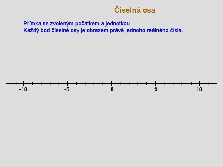 Číselná osa Přímka se zvoleným počátkem a jednotkou. Každý bod číselné osy je obrazem