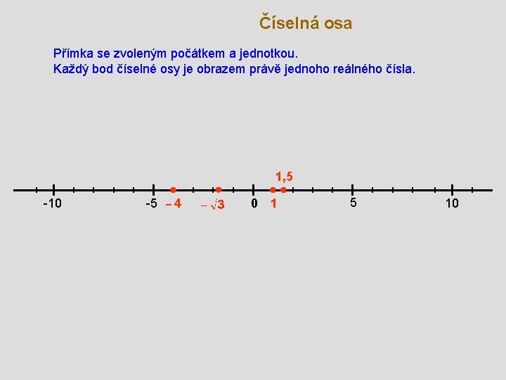 Číselná osa Přímka se zvoleným počátkem a jednotkou. Každý bod číselné osy je obrazem