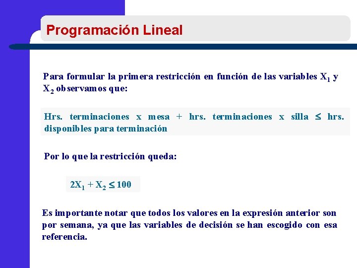 Programación Lineal Para formular la primera restricción en función de las variables X 1