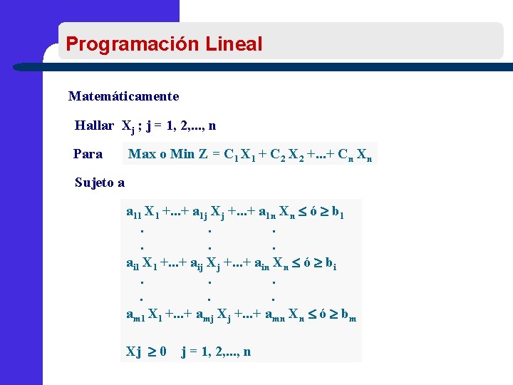 Programación Lineal Matemáticamente Hallar Xj ; j = 1, 2, . . . ,