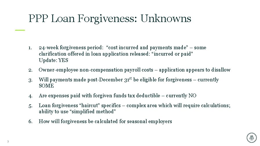 PPP Loan Forgiveness: Unknowns 7 1. 24 -week forgiveness period: “cost incurred and payments PPP Loan Forgiveness: Unknowns 7 1. 24 -week forgiveness period: “cost incurred and payments
