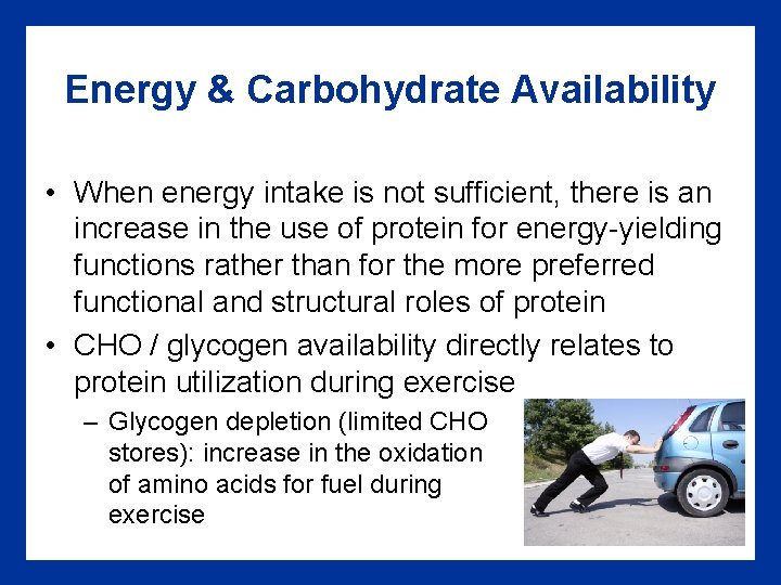 Energy & Carbohydrate Availability • When energy intake is not sufficient, there is an