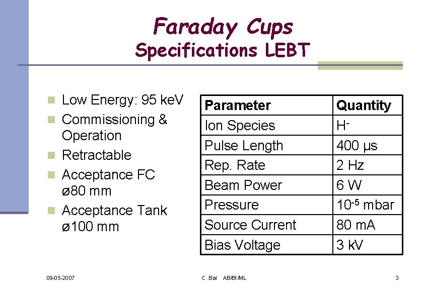 Faraday Cups Specifications LEBT n Low Energy: 95 ke. V n Commissioning & Operation