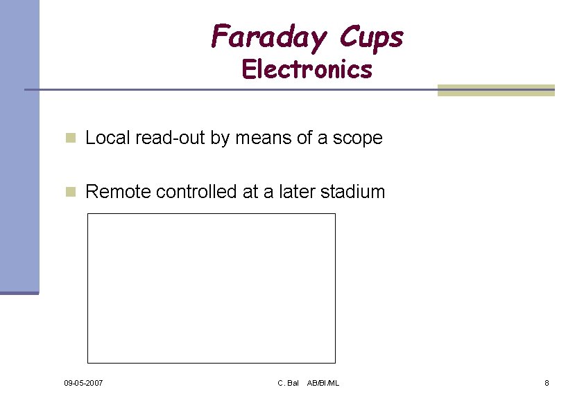 Faraday Cups Electronics n Local read-out by means of a scope n Remote controlled