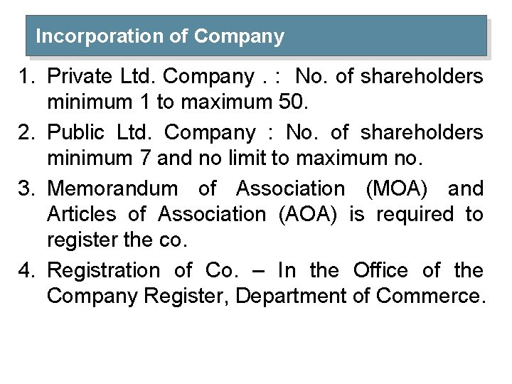 Incorporation of Company 1. Private Ltd. Company. : No. of shareholders minimum 1 to