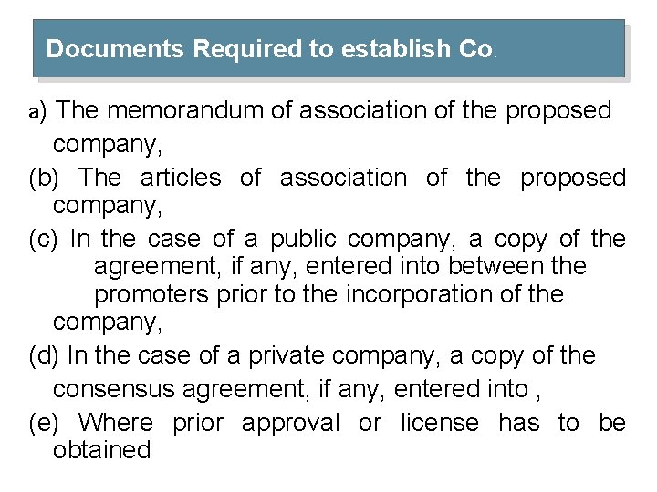 Documents Required to establish Co. a) The memorandum of association of the proposed company,