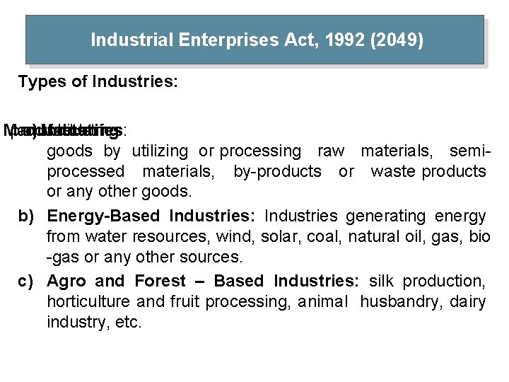 Industrial Enterprises Act, 1992 (2049) Types of Industries: Manufacturing produce a) Industries: which Industries