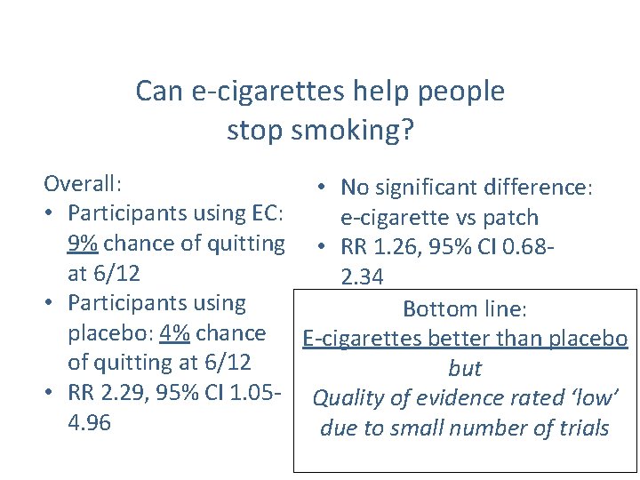 Can e-cigarettes help people stop smoking? Overall: • No significant difference: • Participants using