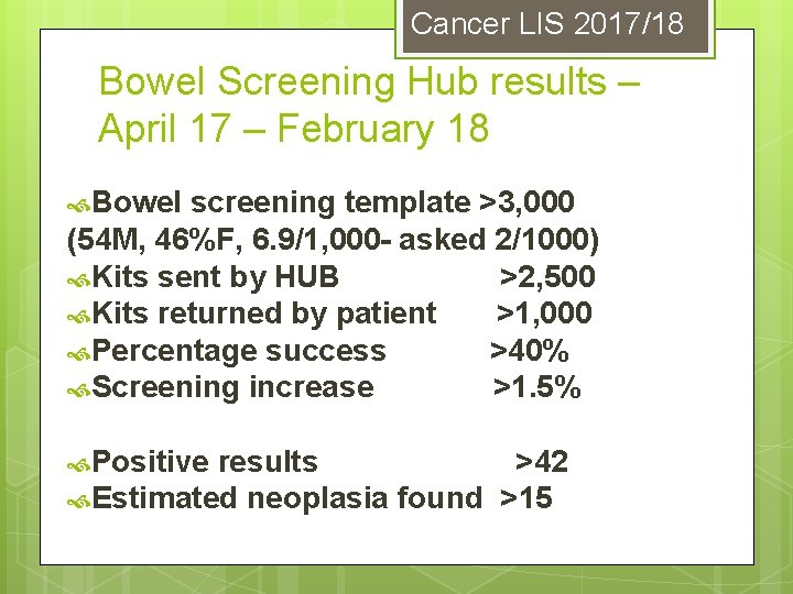 Cancer LIS 2017/18 Bowel Screening Hub results – April 17 – February 18 Bowel