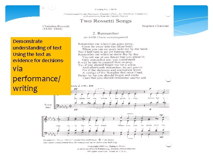 Demonstrate understanding of text Using the text as evidence for decisions- via performance/ writing