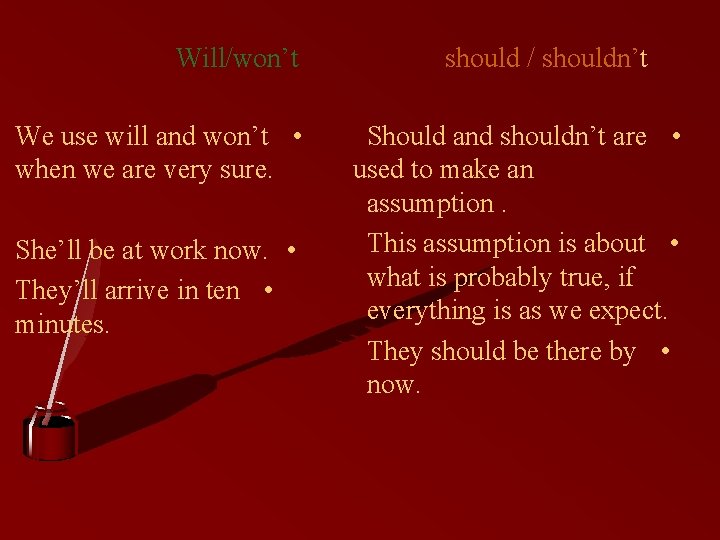 Will/won’t We use will and won’t • when we are very sure. She’ll be