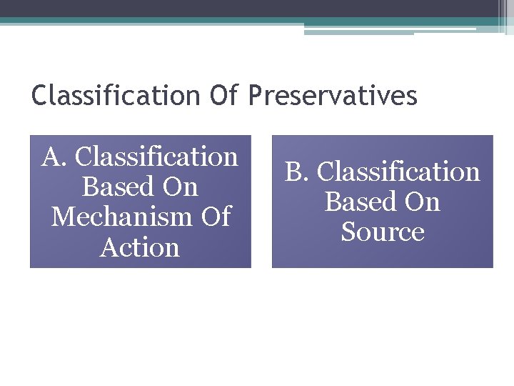 Classification Of Preservatives A. Classification Based On Mechanism Of Action B. Classification Based On
