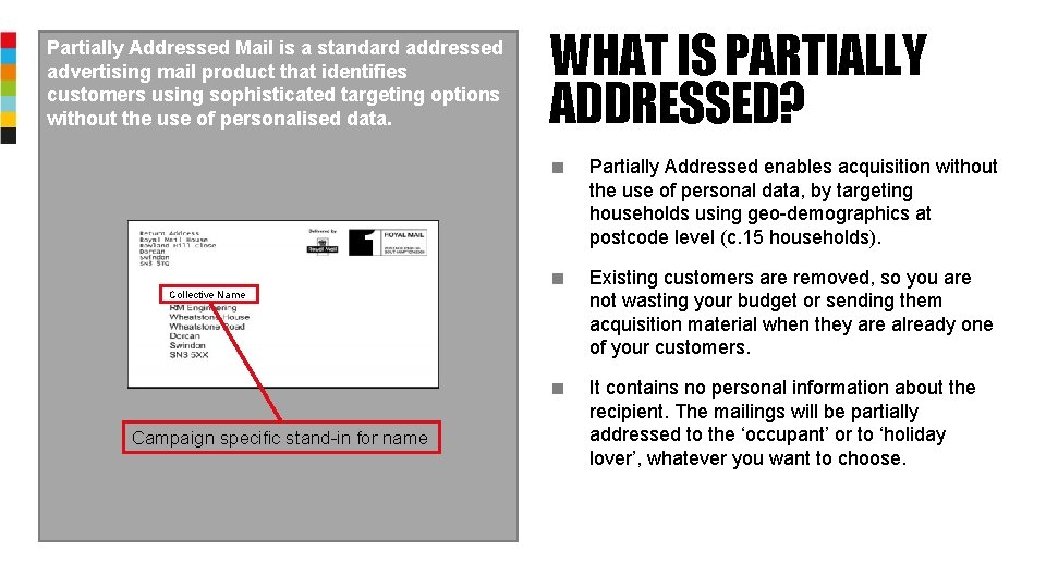 Partially Addressed Mail is a standard addressed advertising mail product that identifies customers using
