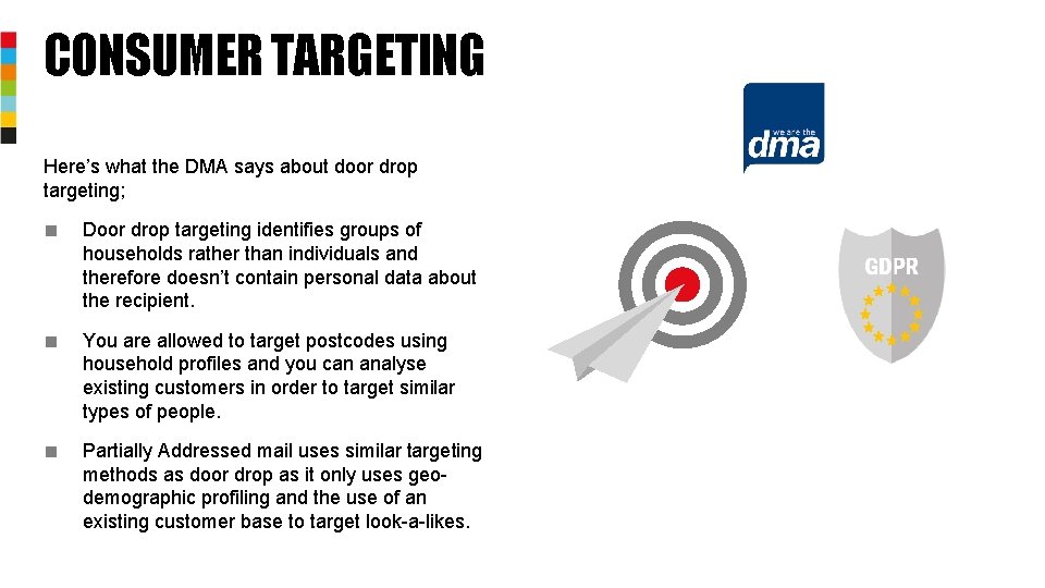 CONSUMER TARGETING Here’s what the DMA says about door drop targeting; ■ Door drop