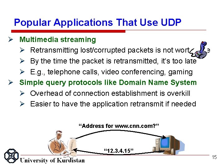 Popular Applications That Use UDP Multimedia streaming Retransmitting lost/corrupted packets is not worthwhile By