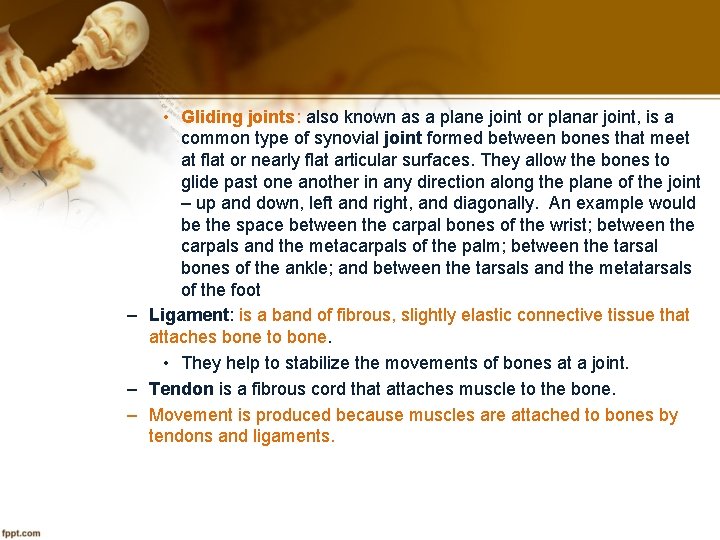  • Gliding joints: also known as a plane joint or planar joint, is