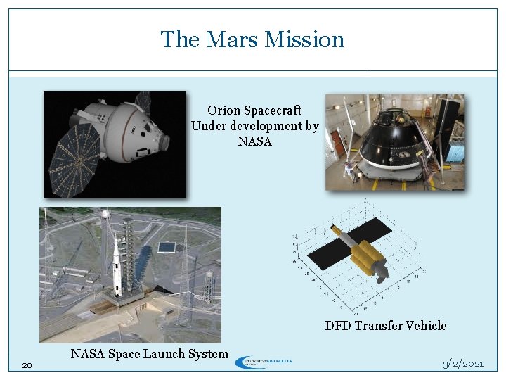 The Mars Mission Orion Spacecraft Under development by NASA DFD Transfer Vehicle 20 NASA The Mars Mission Orion Spacecraft Under development by NASA DFD Transfer Vehicle 20 NASA