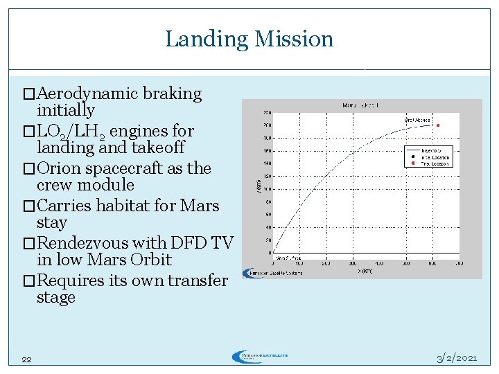 Landing Mission �Aerodynamic braking initially �LO 2/LH 2 engines for landing and takeoff �Orion Landing Mission �Aerodynamic braking initially �LO 2/LH 2 engines for landing and takeoff �Orion