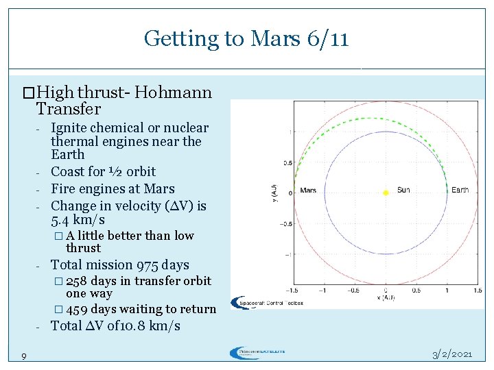 Getting to Mars 6/11 �High thrust- Hohmann Transfer - - Ignite chemical or nuclear Getting to Mars 6/11 �High thrust- Hohmann Transfer - - Ignite chemical or nuclear