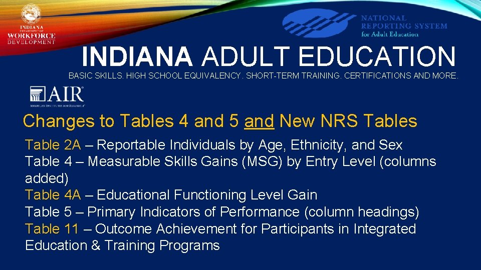 INDIANA ADULT EDUCATION BASIC SKILLS. HIGH SCHOOL EQUIVALENCY. SHORT-TERM TRAINING. CERTIFICATIONS AND MORE. Changes