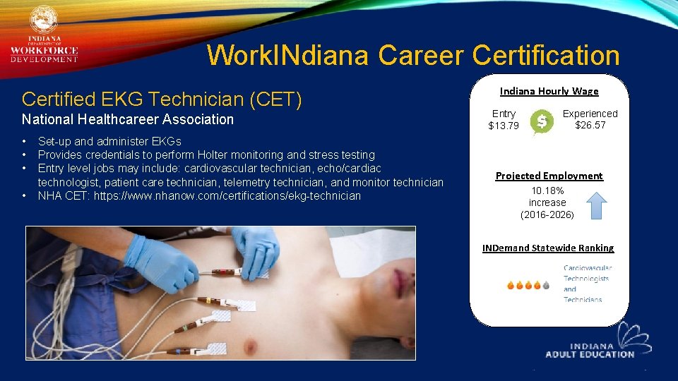 Work. INdiana Career Certification Indiana Hourly Wage Certified EKG Technician (CET) • • Set-up