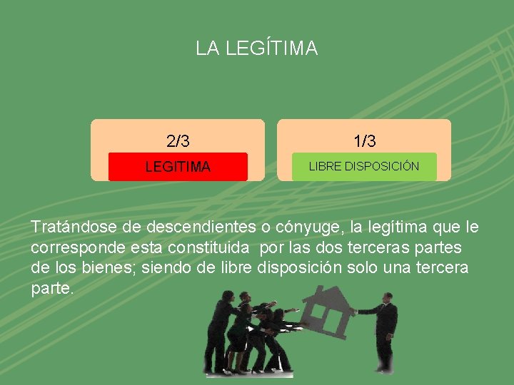 LA LEGÍTIMA 2/3 1/3 LEGITIMA LIBRE DISPOSICIÓN Tratándose de descendientes o cónyuge, la legítima