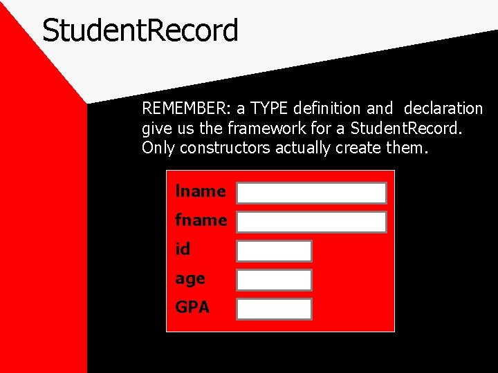 Student. Record REMEMBER: a TYPE definition and declaration give us the framework for a