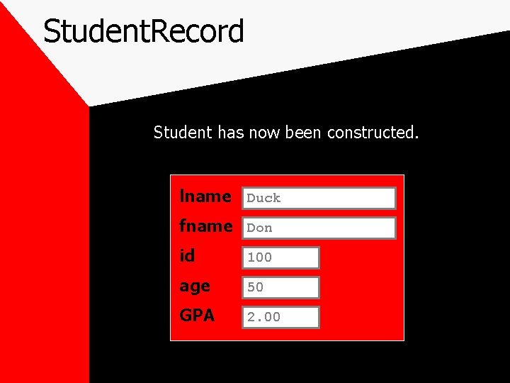 Student. Record Student has now been constructed. lname Duck fname Don id 100 age