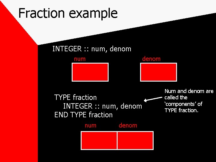 Fraction example INTEGER : : num, denom num denom TYPE fraction INTEGER : :