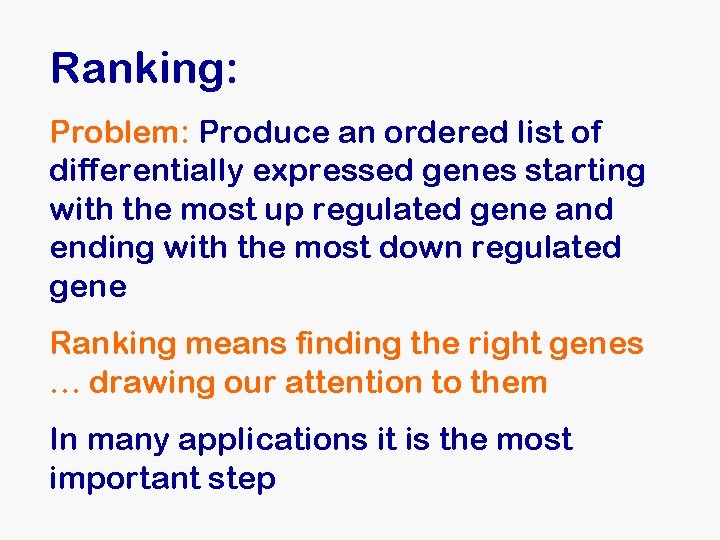 Ranking: Problem: Produce an ordered list of differentially expressed genes starting with the most Ranking: Problem: Produce an ordered list of differentially expressed genes starting with the most