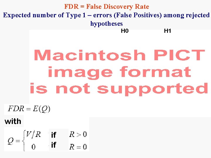 FDR = False Discovery Rate Expected number of Type 1 – errors (False Positives) FDR = False Discovery Rate Expected number of Type 1 – errors (False Positives)