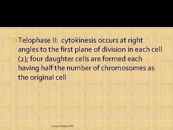  Telophase II: cytokinesis occurs at right angles to the first plane of division