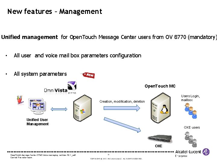 New features – Management Unified management for Open. Touch Message Center users from OV