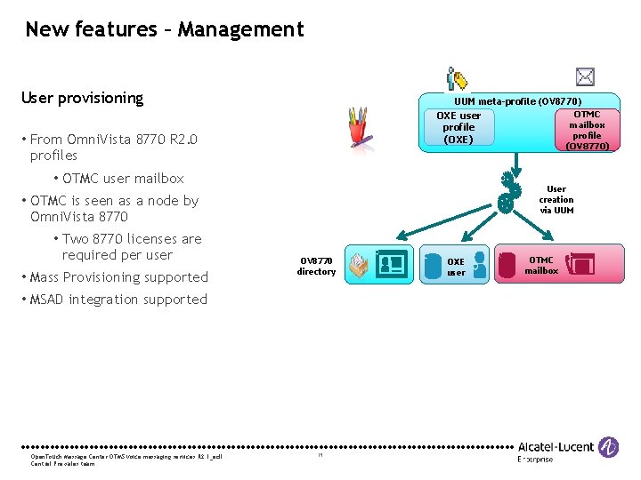 New features – Management User provisioning UUM meta-profile (OV 8770) OTMC OXE user mailbox
